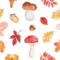 Watercolor seamless pattern with mushrooms, leaves, nuts, acorns.