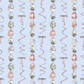 Watercolor seamless pattern with muted color pink and blue Easter Eggs, and fluffy willow uds on a blue background