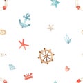 Watercolor seamless pattern with nauticals, starfish, seashells for children\'s prints and textures Royalty Free Stock Photo
