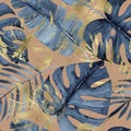 Watercolor seamless pattern with navy blue and golden tropical leaves on a beige background, monstera, palm, banana leaf, hand-dra Royalty Free Stock Photo