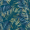 Watercolor seamless pattern with navy blue and golden tropical leaves on a dark green background, palm leaf, hand-drawn. Royalty Free Stock Photo