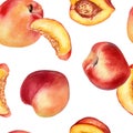 Watercolor seamless pattern with nectarines and peaches isolated on white background. Whole ripe and half fruits Royalty Free Stock Photo