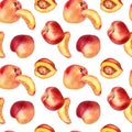 Watercolor seamless pattern with nectarines and peaches isolated on white background. Whole ripe and half fruits Royalty Free Stock Photo