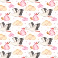 Watercolor seamless pattern with newborn baby girl pink and stork