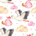 Watercolor seamless pattern newborn baby girl pink and stork