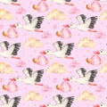 Watercolor seamless pattern with newborn baby girl pink and stork pink background