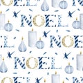 Watercolor noel lettering with rustic candles seamless pattern Royalty Free Stock Photo