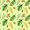 Watercolor seamless pattern with oak leaves, acorns and branches, hand draw sketch, green and brown colour, autumn leaf Royalty Free Stock Photo