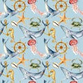 Watercolor seamless pattern with ocean animals. Hand painted whale, jellyfish, starfish, crab and helm illustration