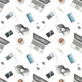 Watercolor seamless pattern with office equipment, laptop, smartphone, player, headphones on a white background