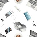 Watercolor seamless pattern with office equipment, laptop, smartphone, player, headphones