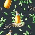 Watercolor seamless pattern with oil glass bottle with cork cap on a wooden saw cut and fresh peppermint leaves isolated Royalty Free Stock Photo