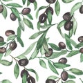 Watercolor seamless pattern with olive branches, olives, leaves, fruit tree for prints, textures, wedding