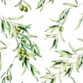 Watercolor seamless pattern with olive tree branch, green olives, and leaves. Hand painted botanical illustration Royalty Free Stock Photo