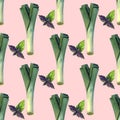Watercolor seamless pattern with onion leeks. Hand drawing decorative background. Print for textile, cloth, wallpaper, scrapbookin