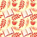 Watercolor seamless pattern with open book, red polka dot cup and autumn leaves. Colorful background on the theme of Hobbies,