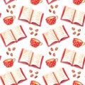 Watercolor seamless pattern with open book, red polka dot cup and coffee beans. Colorful background on the theme of Hobbies,