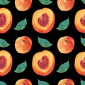 Watercolor Seamless Pattern with Orange Peaches,leaves on black isolated background doodle style.Fruits print