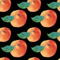 Watercolor Seamless Pattern with Orange Peaches,leaves on black isolated background doodle style.Fruits print