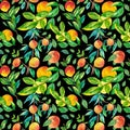 Watercolor Seamless Pattern with Orange Peaches,leaves on black isolated background doodle style.Fruits print