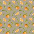 Watercolor seamless pattern with oranges and leaves. Citrus bright pattern. Slice of orange with tangerine and leaves