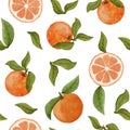 Watercolor seamless pattern with oranges and leaves. Citrus bright pattern. Slice of orange with tangerine and leaves