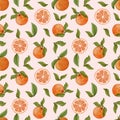 Watercolor seamless pattern with oranges and leaves. Citrus bright pattern. Slice of orange with tangerine and leaves. Watercolor