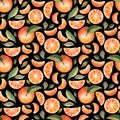 Watercolor seamless pattern with oranges tangerines citrus fruits green leaves isolated on black background. Fruit repeated