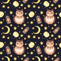 Watercolor seamless pattern with owl, background light, moon, stars. Texture for wallpaper, kindergarten, waldorf, holiday lantern