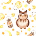 Watercolor seamless pattern with owl, background light, moon, stars. Texture for wallpaper, kindergarten, waldorf, holiday lantern