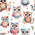 Watercolor seamless pattern with owls and foliage isolated on white background