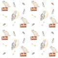 Watercolor seamless pattern with owls, moon, chest, feathers, keys