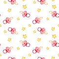 Watercolor seamless pattern with pacifier for baby and yellow star, cartoon illustration of pink nipple for little child Royalty Free Stock Photo