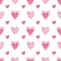 Watercolor seamless pattern with painted watercolor hearts