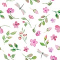 Watercolor seamless pattern with painted pink flowers, branches, berries, leaves. Hand drawing floral background. Royalty Free Stock Photo