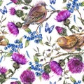 Watercolor seamless pattern with pair of birds, thistle, berries