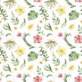 Watercolor seamless pattern with palm leaves and tropical flowers and plants. Royalty Free Stock Photo