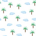 Watercolor seamless pattern with palms trees and clouds. Beach style hand drawn pattern