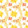 Watercolor seamless pattern Pancake week. pancakes with caviar and cockerel lollipop