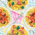 Watercolor seamless pattern with pasta, napkins and tableware