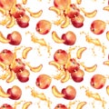 Watercolor seamless pattern with peaches and juice splash isolated on white background. Whole ripe and half fruits Royalty Free Stock Photo