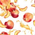 Watercolor seamless pattern with peaches and juice splash isolated on white background. Whole ripe and half fruits Royalty Free Stock Photo