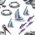 Watercolor seamless pattern with pelican, boat, lifebuoy hand drawing decorative background