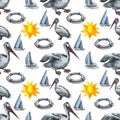 Watercolor seamless pattern with pelican, boat, lifebuoy hand drawing decorative background