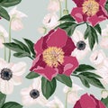 Watercolor seamless pattern with peonies flowers, anemones and leaves. Royalty Free Stock Photo