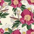 Watercolor seamless pattern with peonies flowers, lilies and leaves. Royalty Free Stock Photo