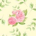 Watercolor seamless pattern with peonies, leaves, roses on cream background. Hand drawn. For paper, fabric, bedding Royalty Free Stock Photo