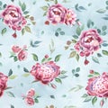 Watercolor seamless pattern of peony and blosom flowers on blue background