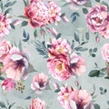 Watercolor seamless pattern of peony and blosom flowers on gray splash background for wedding, invitation, valentine cards and