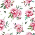 Watercolor Seamless pattern of peony and blosom flowers isolate in white background for box, paper, fabric, textile